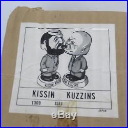 Vtg Khrushchev & Castro Kissin Kuzzins Nodders 1960s Mache Bobbleheads & Box